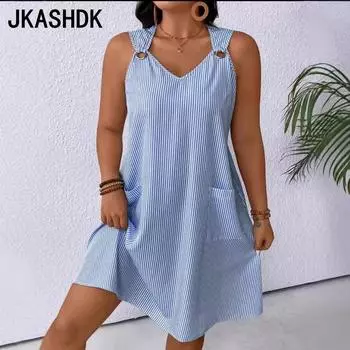 JKASHDK Женская мода Лето Весна Однотонный Принт Без Рукавов V-образный Вырез Свободная Талия Повседневные Платья S синий