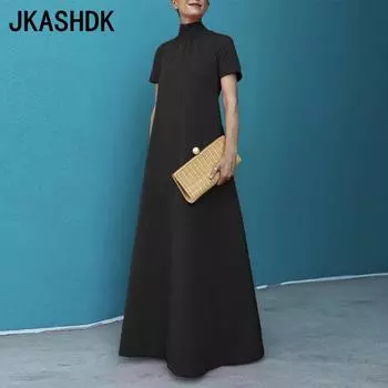 JKASHDK Женская мода Лето Весна Однотонный Принт Короткий Рукав Высокий Воротник Свободная Талия Повседневные Платья S чёрный