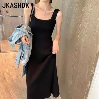 JKASHDK Женская мода лето весна сплошной цвет печати без рукавов U-образным вырезом с высокой талией повседневные платья One size fits all чёрный