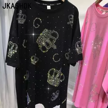 JKASHDK Женская мода Большие размеры Повседневная Лето Весна Корона Принт Короткие рукава О-образный вырез Блузки и рубашки L чёрный