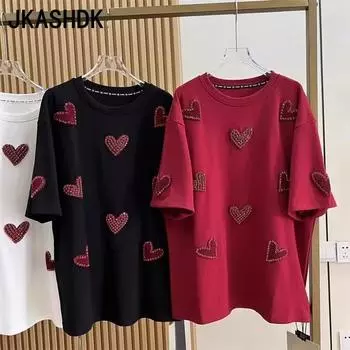 JKASHDK Женская мода Большие размеры Повседневная Лето Весна LOVE Принт Короткие рукава О-образный вырез Блузки и рубашки L чёрный