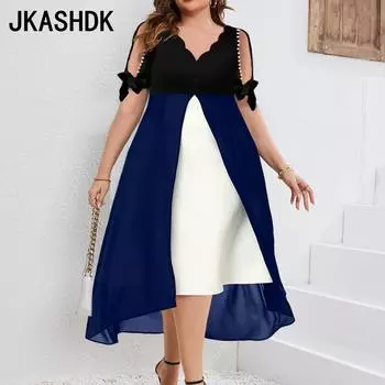 JKASHDK Женская мода больших размеров, лето-весна, рукава 1/2, V-образный вырез, средняя талия, повседневные платья S синий