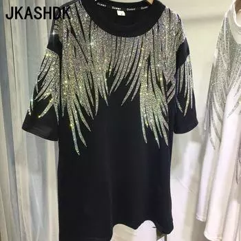 JKASHDK Женская мода Большие размеры Повседневные Лето Весна Принт Короткие рукава О-образный вырез Блузки и рубашки L чёрный