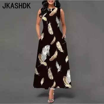 JKASHDK Женская мода Лето Весна без рукавов с круглым вырезом и высокой талией повседневные платья S