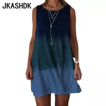 JKASHDK Женская мода Лето Весна Цветные Блоки Принт Без Рукавов О-Образный Вырез Свободная Талия Повседневные Платья S синий