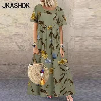 JKASHDK Женская мода Лето Весна Цветочный узор Принт Короткие рукава О-образный вырез Повседневные платья S