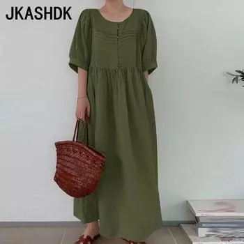 JKASHDK Женская мода Лето Весна Однотонный Принт Короткий Рукав О-Образный Вырез Свободная Талия Повседневные Платья