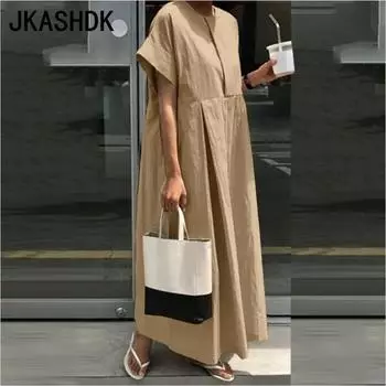 JKASHDK Женская мода Лето Весна Однотонный Принт Короткий Рукав О-Образный Вырез Свободная Талия Повседневные Платья S хаки