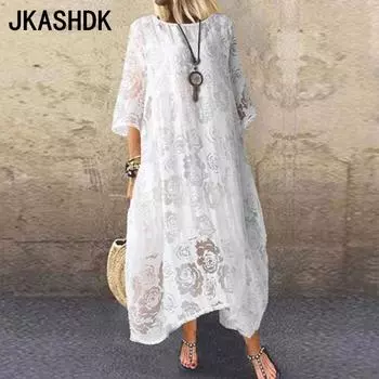 JKASHDK Женская мода Лето Весна Однотонный Принт Короткий Рукав О-Образный Вырез Свободная Талия Повседневные Платья S белый