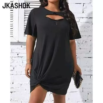 JKASHDK Женская мода Лето Весна Однотонный Принт Короткий Рукав О-Образный Вырез Свободная Талия Повседневные Платья S чёрный