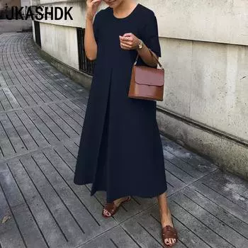 JKASHDK Женская мода Лето Весна Однотонный Принт Короткий Рукав О-Образный Вырез Свободная Талия Повседневные Платья S темно-синий