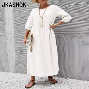 JKASHDK Женская мода Лето Весна Однотонный Принт Короткий Рукав О-Образный Вырез Свободная Талия Повседневные Платья S белый