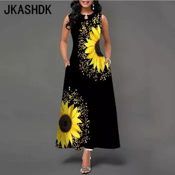JKASHDK Женская мода Лето Весна Цветочный узор Принт Без рукавов О-образный вырез Высокая талия Повседневные платья S