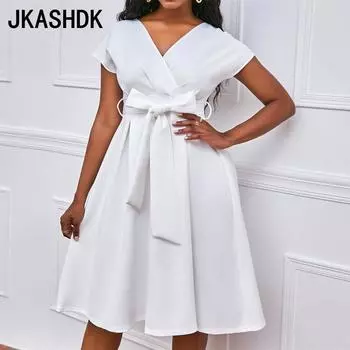 JKASHDK женская мода лето весна однотонный принт с коротким рукавом v-образным вырезом и высокой талией коктейльные и вечерние платья S белый