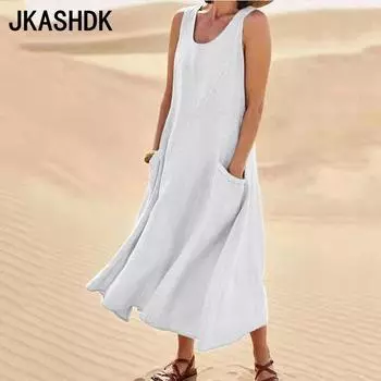 JKASHDK Женская мода лето весна однотонный принт без рукавов с круглым вырезом со средней талией повседневные платья S