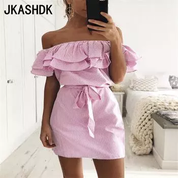 JKASHDK Женская мода лето весна полосатый принт короткий рукав одно плечо средняя талия повседневные платья S розовый