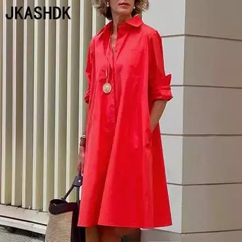 JKASHDK Женская мода лето весна простые однотонные принты рукава 3/4 воротник поло свободные повседневные платья S чёрный