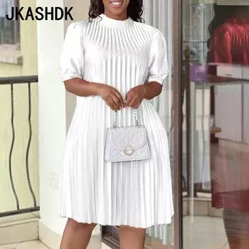 JKASHDK женская мода лето весна сплошной цвет принт короткий рукав полуводолазка со средней талией повседневные платья S белый