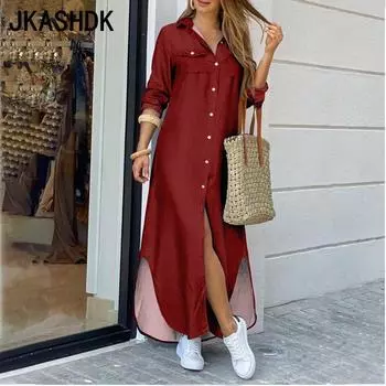 JKASHDK Женская мода лето весна сплошной цвет печати с длинным рукавом ПОЛО шеи средней талии повседневные платья S розовый