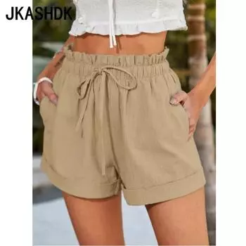 JKASHDK Женская мода лето весна свободные повседневные однотонные принты эластичный пояс шорты пляжные шорты дышащие широкие шорты S серый