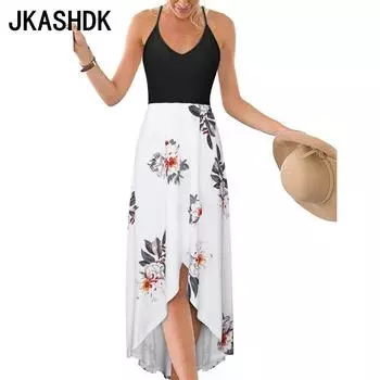 JKASHDK Женская мода на лето и весну с цветочным узором и принтом без рукавов на подтяжках с v-образным вырезом и высокой талией повседневные платья S белый