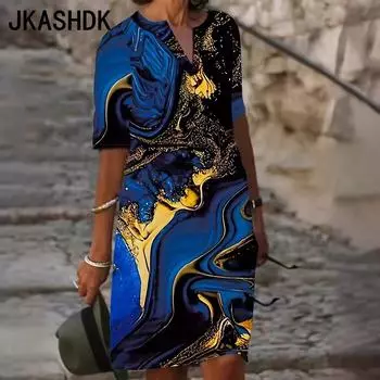 JKASHDK Женская мода лето весна короткий рукав V-образный вырез средняя талия повседневные платья S синий