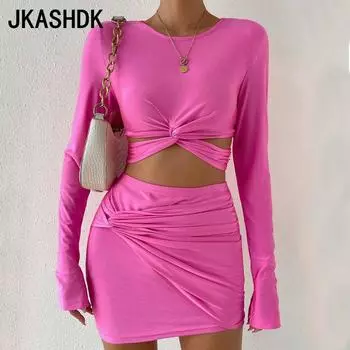 JKASHDK Женская мода однотонный принт осень-зима с длинным рукавом и круглым вырезом юбка костюмы S розы красного