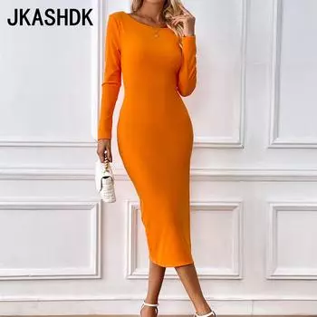 JKASHDK женская мода осень зима однотонный принт с длинным рукавом и круглым вырезом с высокой талией сексуальные коктейльные и вечерние платья S оранжевый