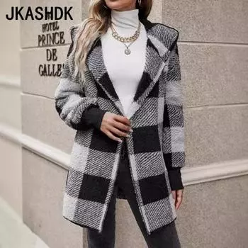 JKASHDK Женская мода повседневная клетчатая печать осень-зима с длинным рукавом с капюшоном куртки и пальто S темно-серого