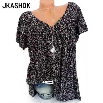 JKASHDK Женская мода Повседневная Летняя Весна Цветочный Узор Принт Короткие Рукава V-образный Вырез Блузки и Рубашки S чёрный