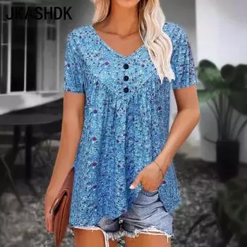 JKASHDK Женская мода Повседневная Летняя Весна Цветочный Узор Принт Короткие Рукава V-образный Вырез Блузки и Рубашки S чёрный
