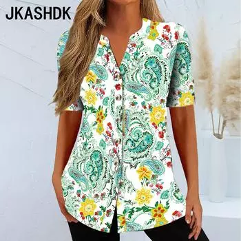 JKASHDK Женская мода Повседневная Летняя Весна Короткие рукава V-образный вырез Блузки и рубашки S розовый