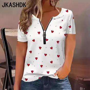 JKASHDK Женская мода Повседневная Летняя Весна Love Letter Print Короткие рукава V-образный вырез Блузки и рубашки XL красный