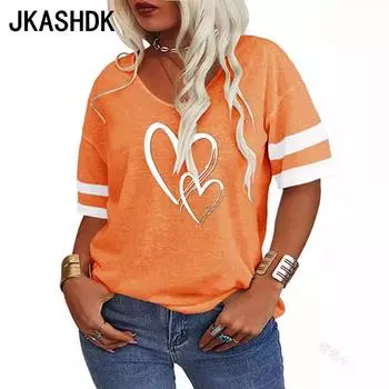 JKASHDK Женская мода Повседневная Летняя Весна Love Letter Print Короткие рукава V-образный вырез Блузки и рубашки S оранжевый
