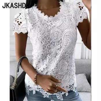 JKASHDK Женская мода Повседневная Летняя Весна Однотонные принты Короткие рукава О-образный вырез Блузки и рубашки S белый