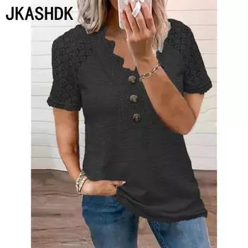 JKASHDK Женская мода Повседневная Летняя Весна Однотонный Принт Короткие Рукава V-образный Вырез Блузки и Рубашки S чёрный