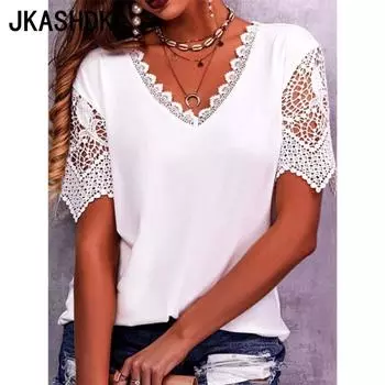 JKASHDK Женская мода Повседневная Летняя Весна Однотонный Принт Короткие Рукава V-образный Вырез Блузки и Рубашки S белый