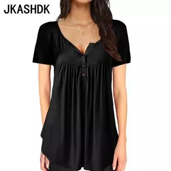 JKASHDK Женская мода Повседневная Летняя Весна Однотонный Принт Короткие Рукава V-образный Вырез Блузки и Рубашки S чёрный