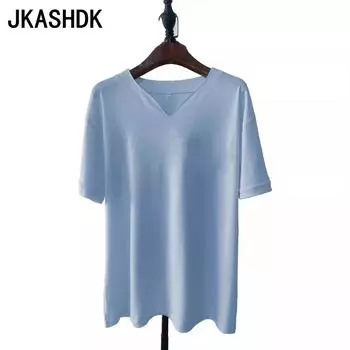 JKASHDK Женская мода Повседневная Летняя Весна Однотонный Принт Короткие Рукава V-образный Вырез Блузки и Рубашки S