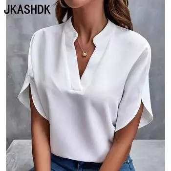 JKASHDK Женская мода Повседневная Летняя Весна Однотонный Принт Короткие Рукава V-образный Вырез Блузки и Рубашки S белый