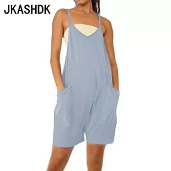 JKASHDK Женская мода Повседневная Летняя Весна Однотонный Принт Без Рукавов V-образный вырез Свободные Брюки Талии Комбинезоны и Ромперы XS чёрный