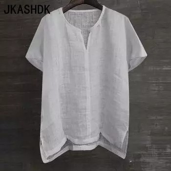 JKASHDK Женская мода Повседневная Летняя Весна Однотонный Принт Короткие Рукава V-образный Вырез Блузки и Рубашки S