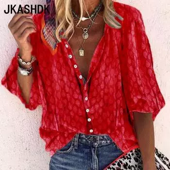 JKASHDK Женская мода повседневная летняя весна клетчатый принт короткий рукав воротник поло блузки и рубашки S красный