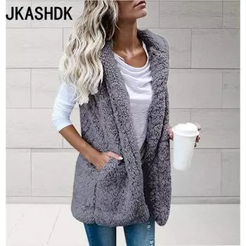 JKASHDK Женская мода повседневная однотонная принтованная куртка без рукавов с капюшоном и пальто на осень-зиму S серый