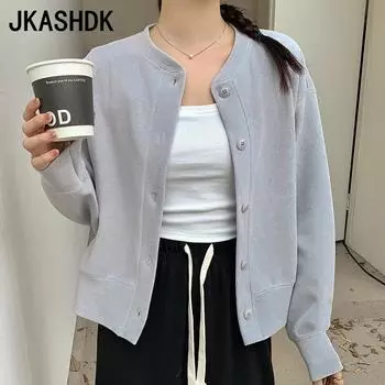 JKASHDK Женская мода Повседневная однотонная принтованная куртка и пальто с длинным рукавом и круглым вырезом на осень-зиму M чёрный