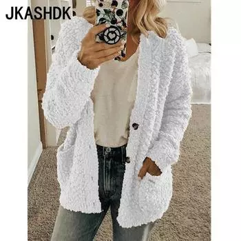 JKASHDK Женская мода Повседневная однотонная принтованная куртка с длинным рукавом и пальто на осень-зиму S белый