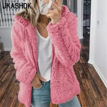 JKASHDK Женская мода повседневная однотонная принтованная куртка с капюшоном и длинным рукавом на осень-зиму S розовый