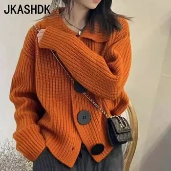 JKASHDK Женская мода повседневная однотонная принтованная осень-зима с длинным рукавом свитера с воротником-поло