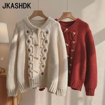 JKASHDK Женская мода повседневная однотонная принтованная осень-зима с длинным рукавом свитера с V-образным вырезом One size красный