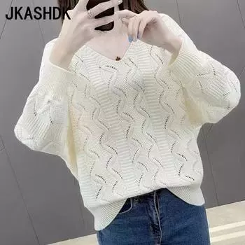 JKASHDK Женская мода повседневная однотонная принтованная осень-зима с длинным рукавом и V-образным вырезом свитера One Size красный